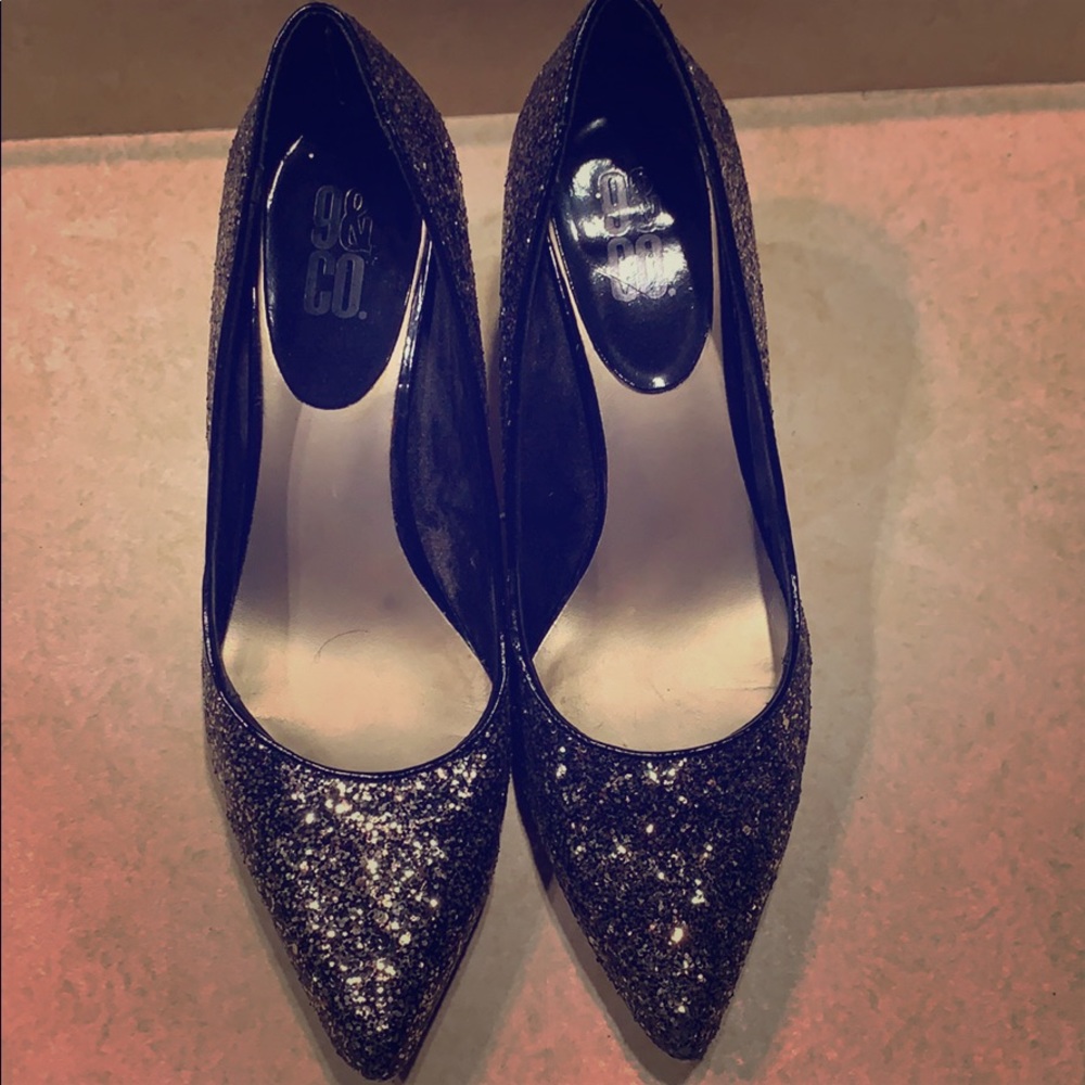Black sparkle low heel stilettos